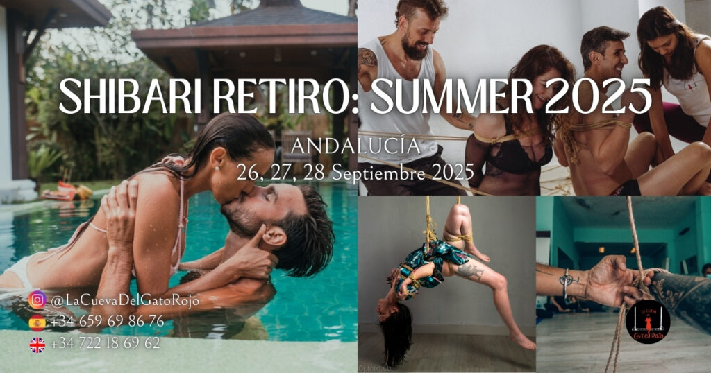 Shibari retreat in Andalusia, Spain – September 2025. Intimate couples’ retreat with Shibari workshops, relaxation by a private villa pool, and immersive connection experiences. Includes event dates, contact info, and @LaCuevaDelGatoRojo Instagram handle.